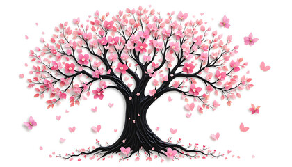 Fototapeta premium Pink Cherry Blossom Tree with Butterflies and Heart Leaves.