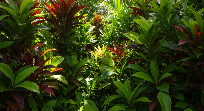Lush tropical foliage plants garden green leaves red leaves nature background vibrant colors exotic plants garden - Powered by Adobe