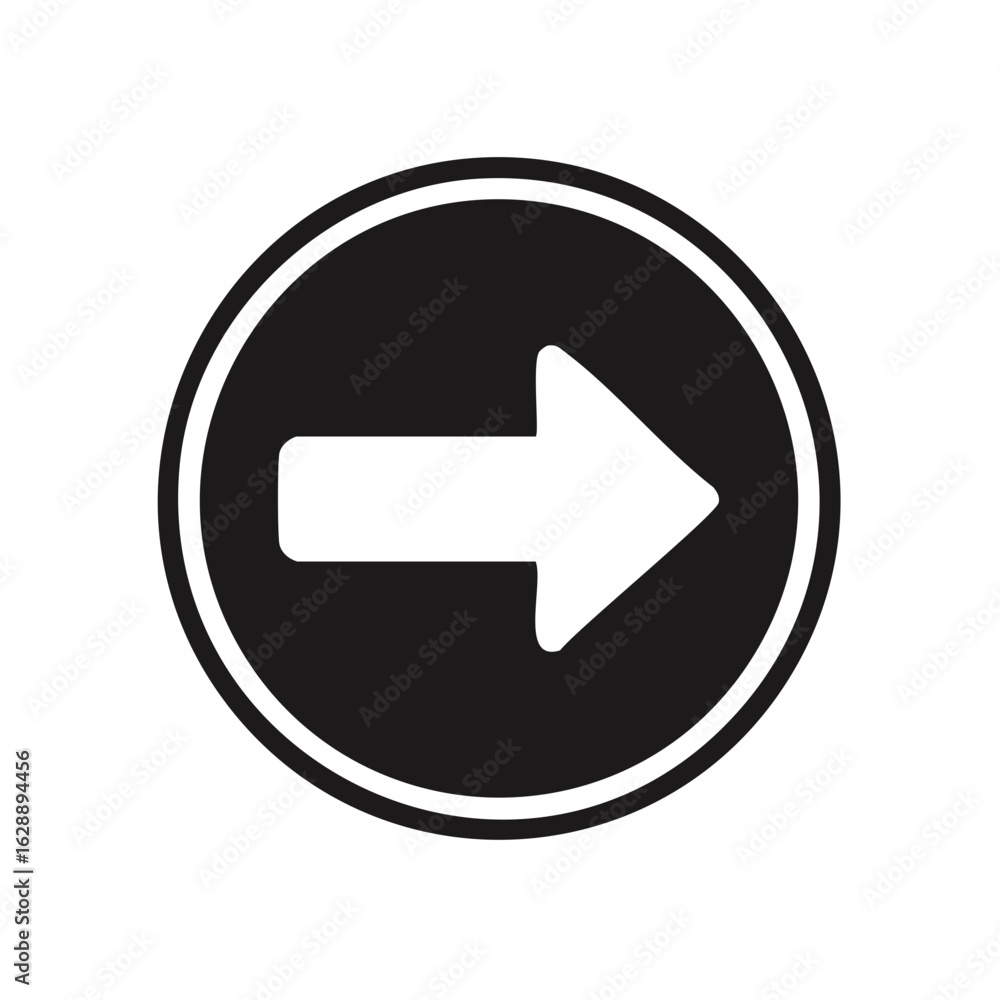 Poster right pointing arrow icon inside a black circle symbol for direction and navigation concept