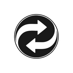 Circular icon with white curved arrows, black background.
