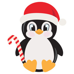 Cute little baby penguin in Christmas hat vector cartoon illustration