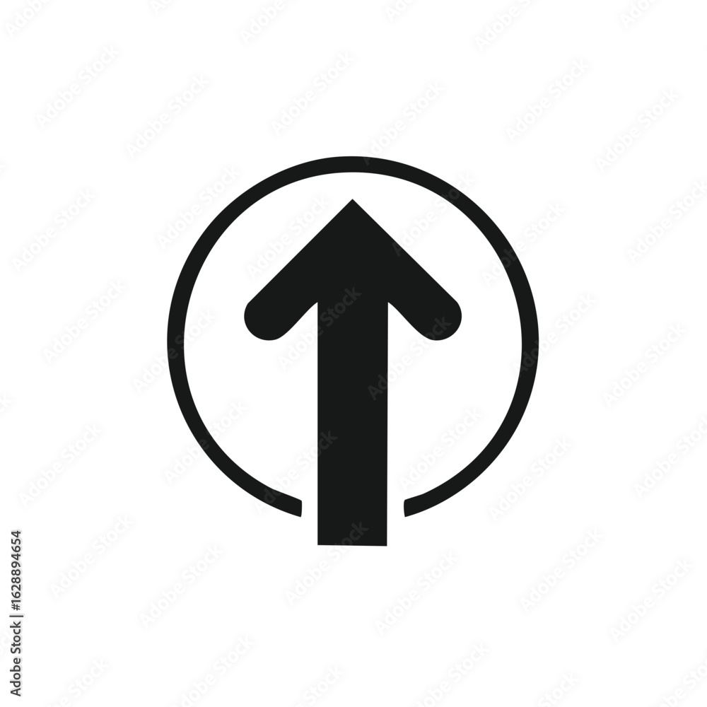 Poster black upward arrow icon in a circle indicating direction upload or increase progress