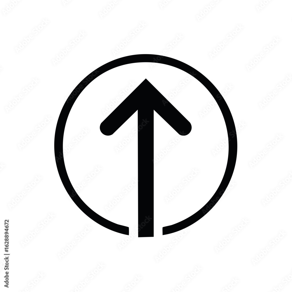 Poster bold black upward pointing arrow inside a circular icon representing direction progress and ascensio