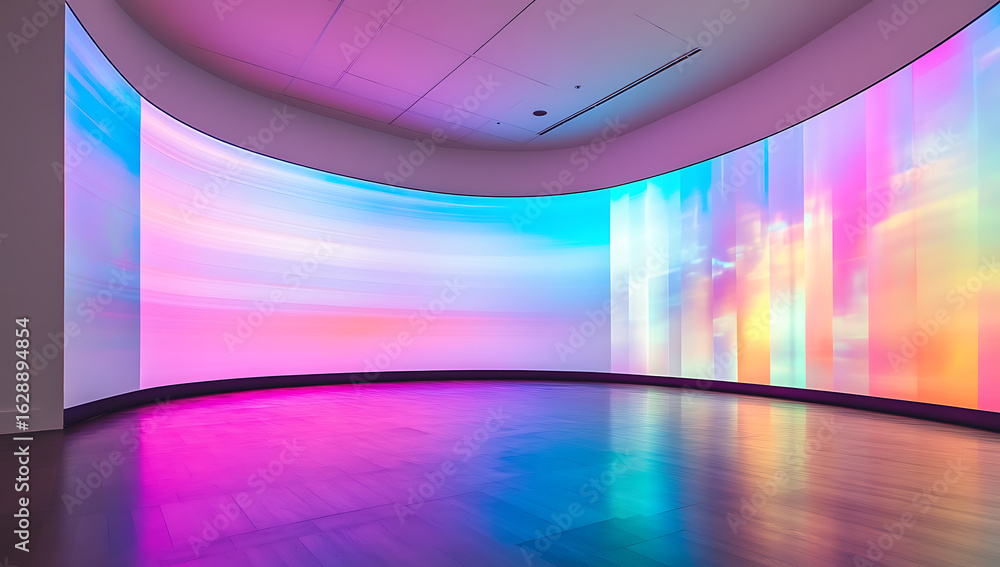 Aufkleber curved panoramic screen displays vibrant colorful abstract patterns in a modern architectural space 