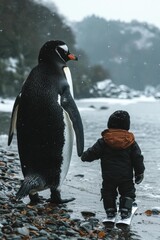 Child and penguin friends. AI.