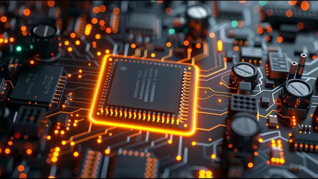 Glowing microchip on a futuristic circuit board, close-up of modern technology with orange neon lights, high-detail electronics and cyberpunk-inspired lighting