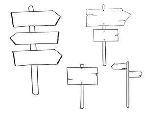 Hand Drawn wooden Sign board Vector Set – Black and White Outline of Wooden Arrow Boards.   © Hand Drawn Icon