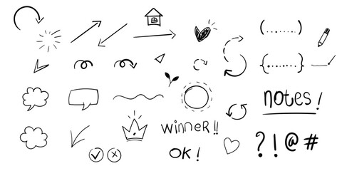 Naklejka premium Hand Drawn Doodle Elements Vector Set – Sketch Arrows, Lines, Clouds, Stars, and Decorative Symbols.