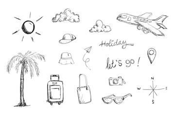 Summer Vacation Doodle Vector Set – Hand Drawn Beach, Travel, and Holiday Icons in Black and White.