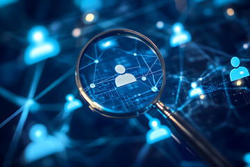 Magnifying glass focusing on a person icon within a networked data structure, symbolizing recruitment and data analysis, on a dark blue background.