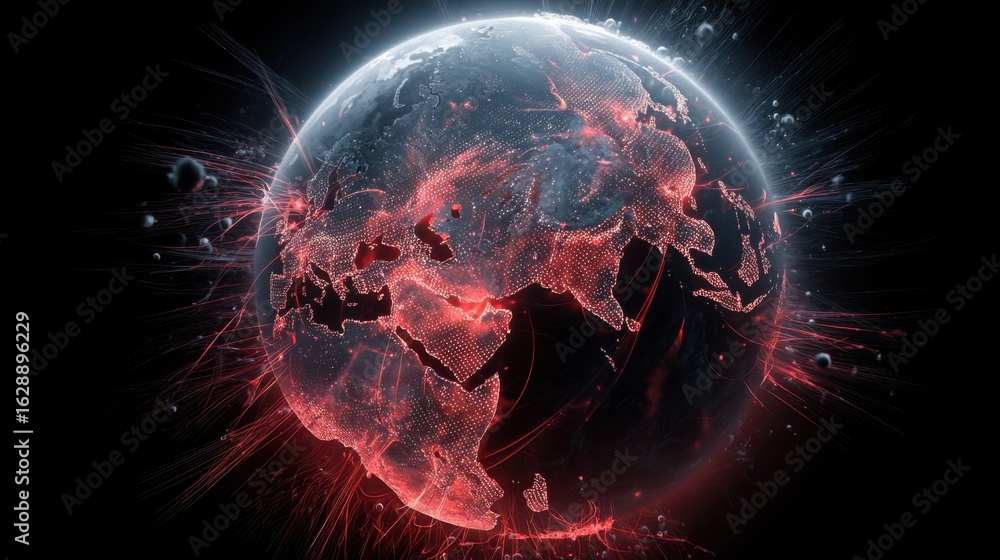 Poster medium focused view of a stylized globe fractured by red glowing lines highlighting the increasing p