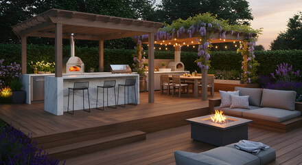 Outdoor kitchen design with pizza oven and pergola lighting on deck patio backyard landscape fire pit
