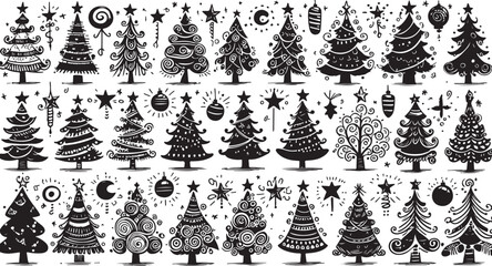 A festive set of black and white Christmas icons, decorations, and illustrations for holiday designs