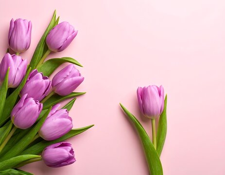 Lilac tulips on a pastel pink background