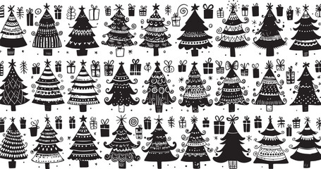 A festive set of black and white Christmas icons, decorations, and illustrations for holiday designs