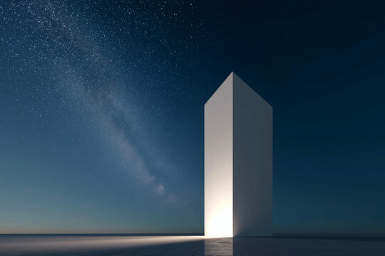 Minimalist architecture meets cosmic wonder. Stark white monolith pierces the night sky, illuminated against a backdrop of stars.