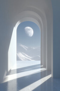 Geometric architecture frames a stark, serene winter landscape under a watchful moon, evoking a sense of calm and minimalist beauty.