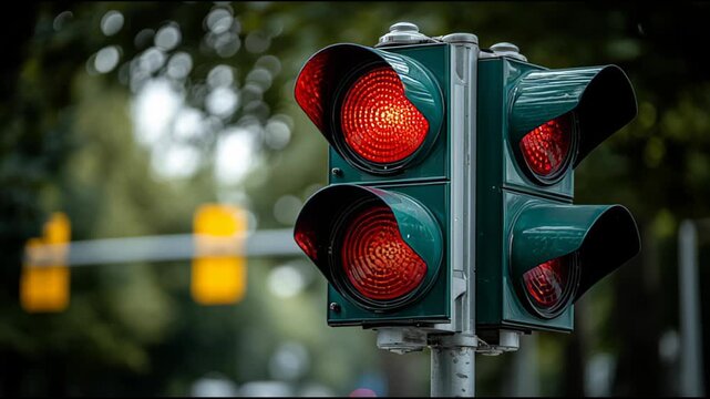 Red traffic lights glowing at an urban intersection with blurred background and bokeh, city transportation signal scene, 4K seamless looping video


