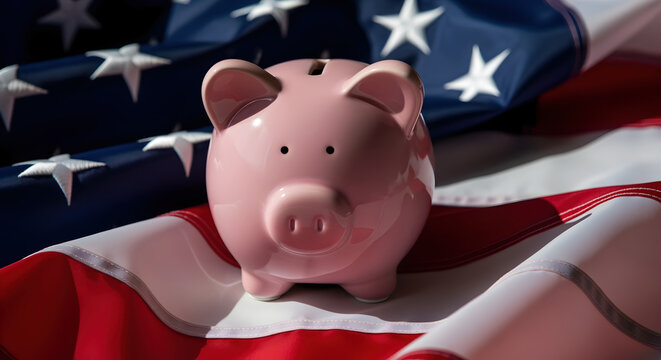Pink Piggy Bank on American Flag Symbolizing Financial Security with Red White and Blue Stripes Stars and Stripes National Pride