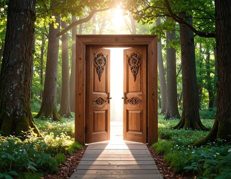 Wooden door in forest leading to light - Powered by Adobe