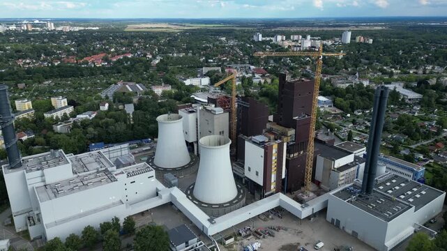 Power plant conversion retrofitting renewal. Great aerial view flight drone