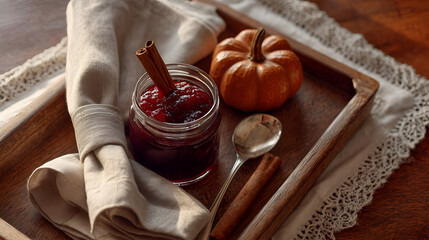 Autumn still life featuring cranberry sauce, cinnamon sticks, and a pumpkin on a wooden tray.