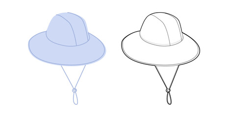 Garden Bucket Hat with Cord Stopper. Summer Head Fashion accessory cap with wide brim clothing technical illustration. Vector headgear for Men, women, unisex, flat template CAD mockup sketch outline