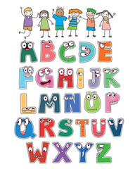 A fun and colorful cartoon alphabet font designed for kids. Features cute ABC letters, perfect for birthday decorations, posters, tracing activities, and preschool materials.