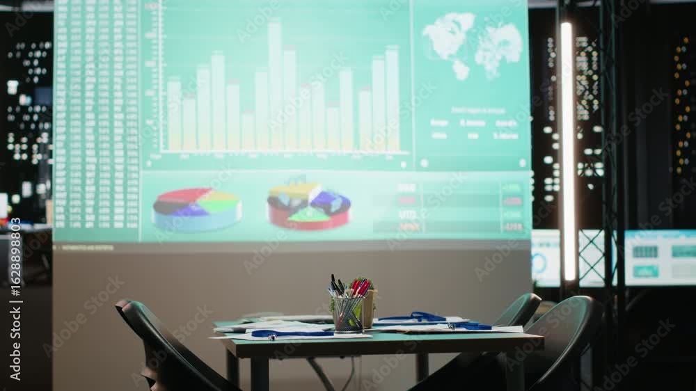Aufkleber empty office of corporation reveals a boardroom with forecast reports and digital graphs running on 