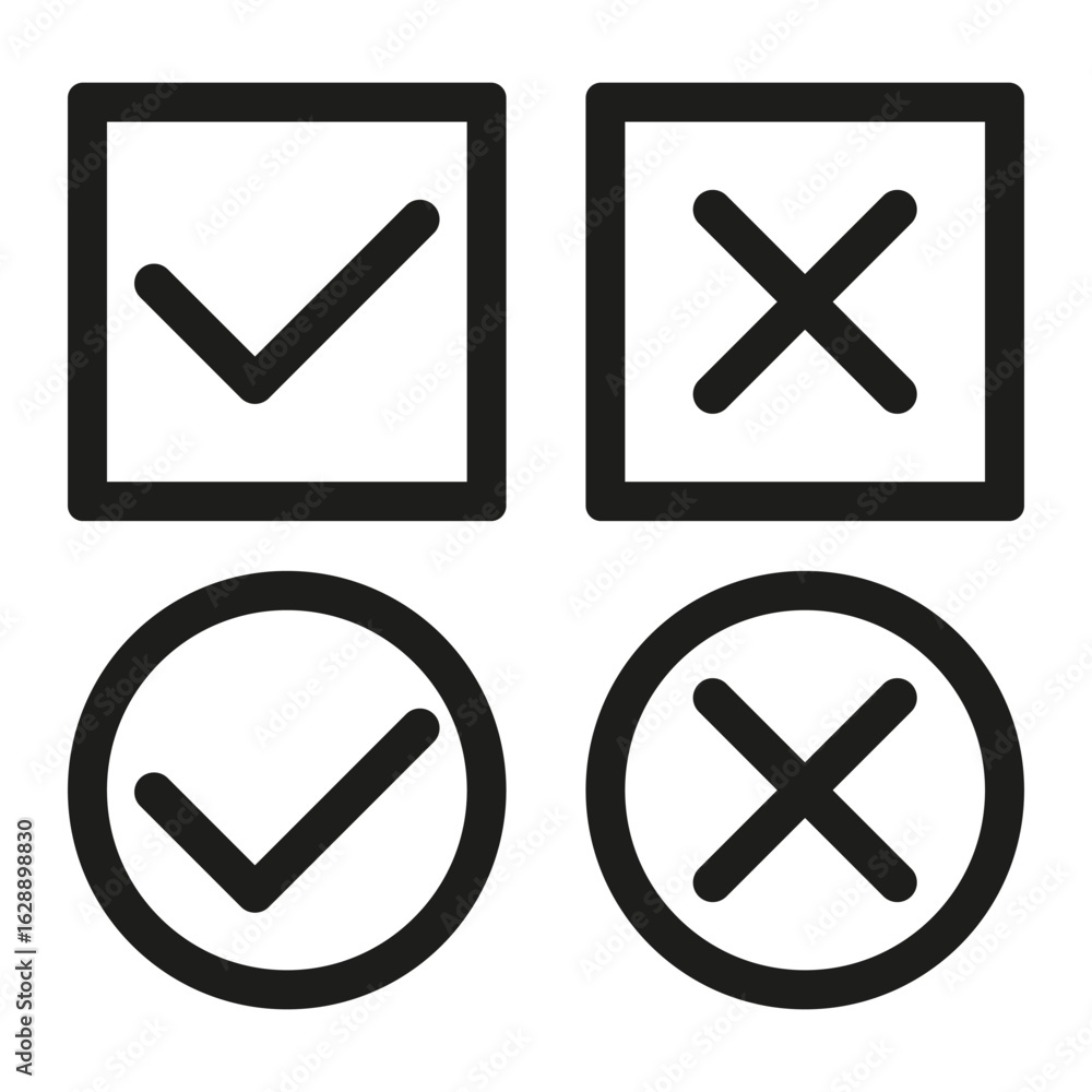 Poster check boxes icons. cross mark circles. checklist ui vector. correct wrong symbols