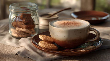 Cozy coffee break with cookies, a comforting and inviting scene to take a break and enjoy your coffee.