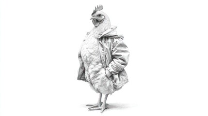 Obraz premium Detailed monochrome sketch of a chicken wearing a jacket with hands in pockets