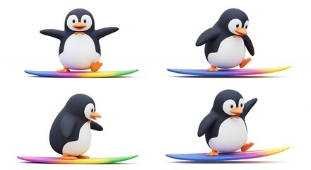Obraz premium Cartoon penguins surfing on rainbow surfboards