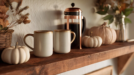 Autumnal Shelf Display: Coffee press and mugs among pumpkins and fall decor.