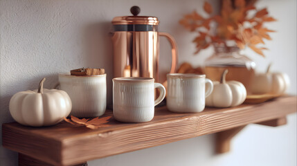 Autumn shelf still life with pumpkins, mugs, and fall foliage. Cozy home decor for a warm season.