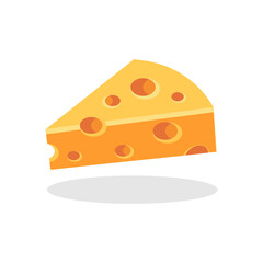 Illustration of a yellow piece of cheese with holes floating in the air on a white background