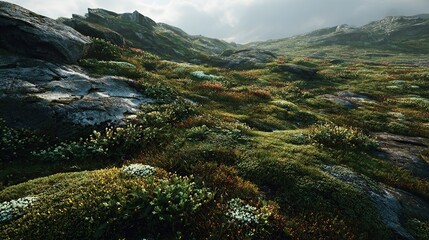 A sunlit hillside features rocky outcrops, lush vegetation, and varied textures. The sky is partially cloudy