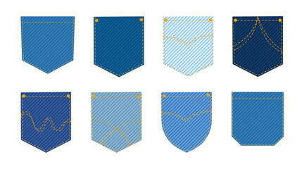 Set of 8 denim jeans back pockets in flat vector style. Styles classic V-shape, round-bottom, curved seam, decorative stitching, corner-cut pocket. Shades from light to dark blue with diagonal texture