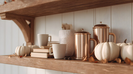 Autumn shelf decor: Mugs, pumpkins, and copper French presses create a cozy seasonal display.
