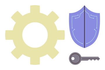 Obraz premium Large gear, shield with digital elements, and key emphasize security, technology, operations, and access. Ideal for security, technology, strategy innovation automation data protection simple