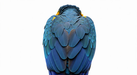 Obraz premium Blue-and-yellow macaw perched with detailed feathers and natural posture, isolated on white background.