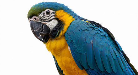 Blue-and-yellow macaw perched with detailed feathers and natural posture, isolated on white background.