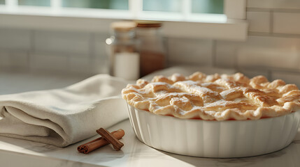 Delicious home-baked apple pie on a kitchen counter, paired with cinnamon sticks, ready to be enjoyed.