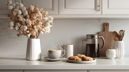 Warm kitchen counter arrangement with coffee, cookies, and decorative vase for a comforting, inviting scene.