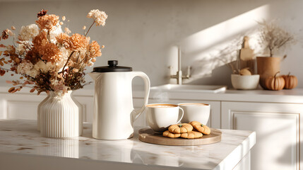 Autumn kitchen scene featuring flowers, a carafe, coffee, and pumpkin cookies on a marble countertop.