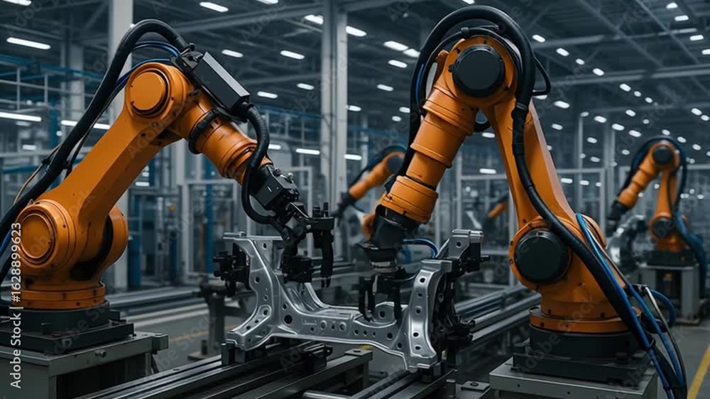 Poster industrial robots working in a modern factory setting.