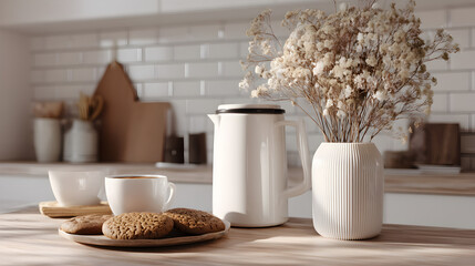 Breakfast still life with cookies, coffee, and flowers in a bright, inviting kitchen setting.