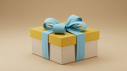 Wrapped Gift Box with Light Blue Ribbon on Tan Background
