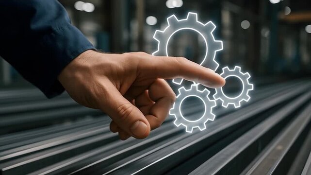 Close-up of a hand touching gears symbol representing process. 