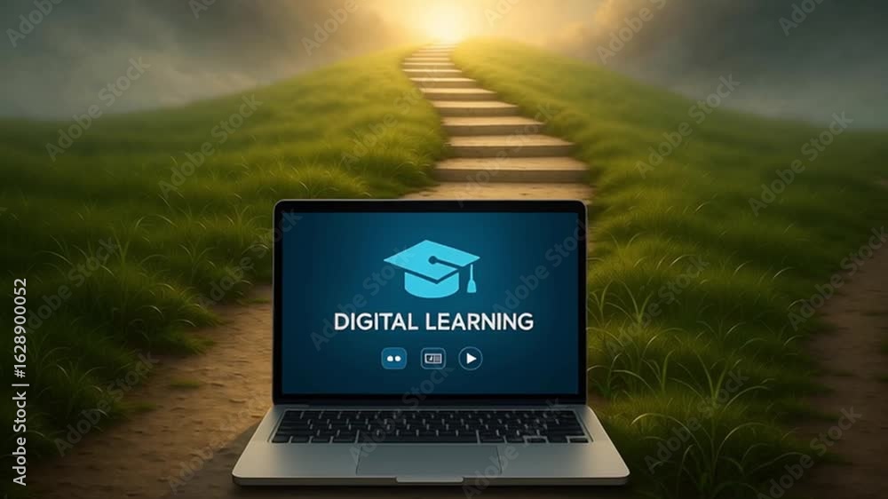 Poster laptop on path with digital learning message ahead.